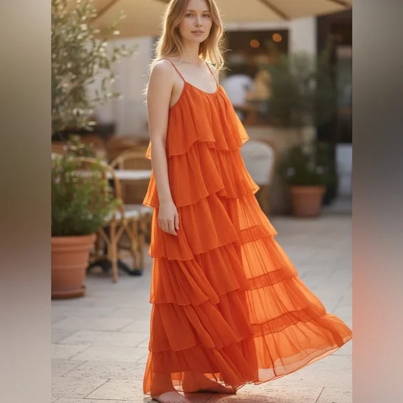 Payal Jain Anthropologie Tiered Tulle Ruffle Maxi Dress Orange Size 4 EUC - Picture 2 of 8